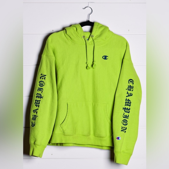 Champion Hoodie Womens 2XL Lime Green Reverse Weave Embroidered Logo Spelled Out - Picture 1 of 6